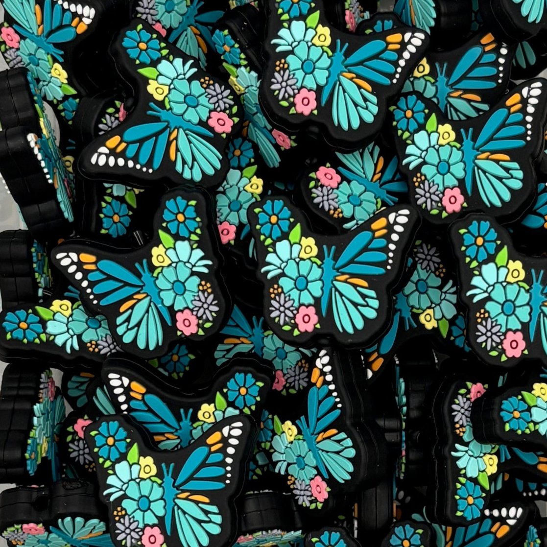 Teal flower butterfly focal bead