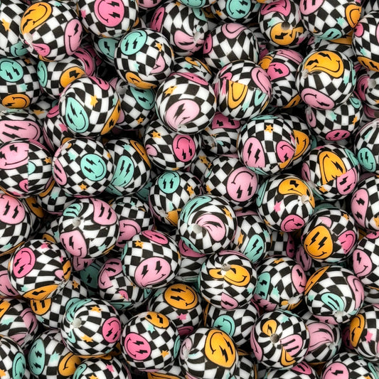 Smiley Checkered 15mm silicone beads