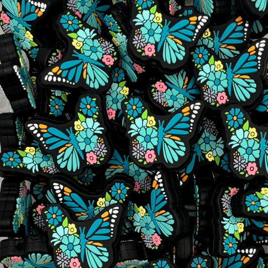 Teal flower butterfly focal bead